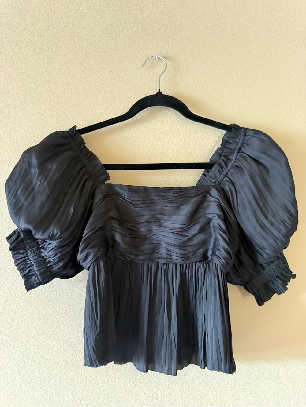 FRAME Black Pleated Puff Sleeve Square Neck Blouse XS NWOT